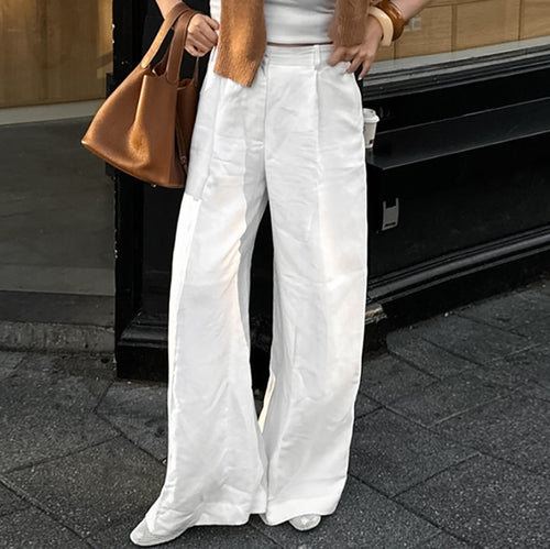 Damen Weit geschnittene Leinenhose mit elastischem Bund und hohem Taillenbund EB
