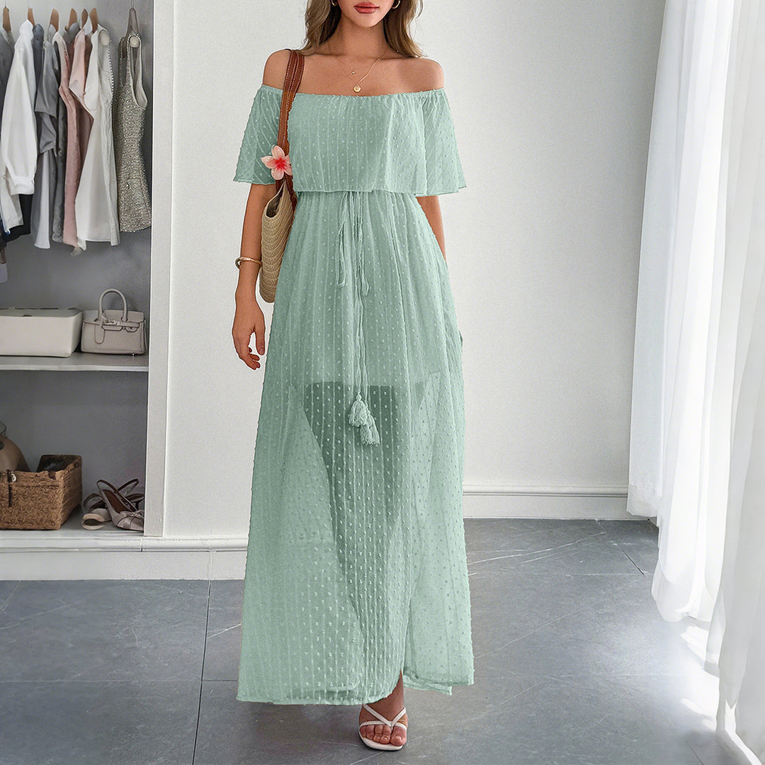 Damen Off-Shoulder Maxikleid mit feinem Punktedesign und Taillenbindung EB