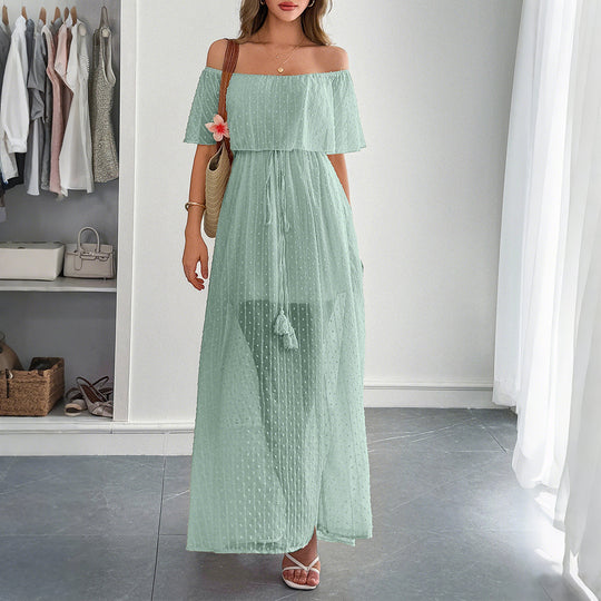 Damen Off-Shoulder Maxikleid mit feinem Punktedesign und Taillenbindung EB