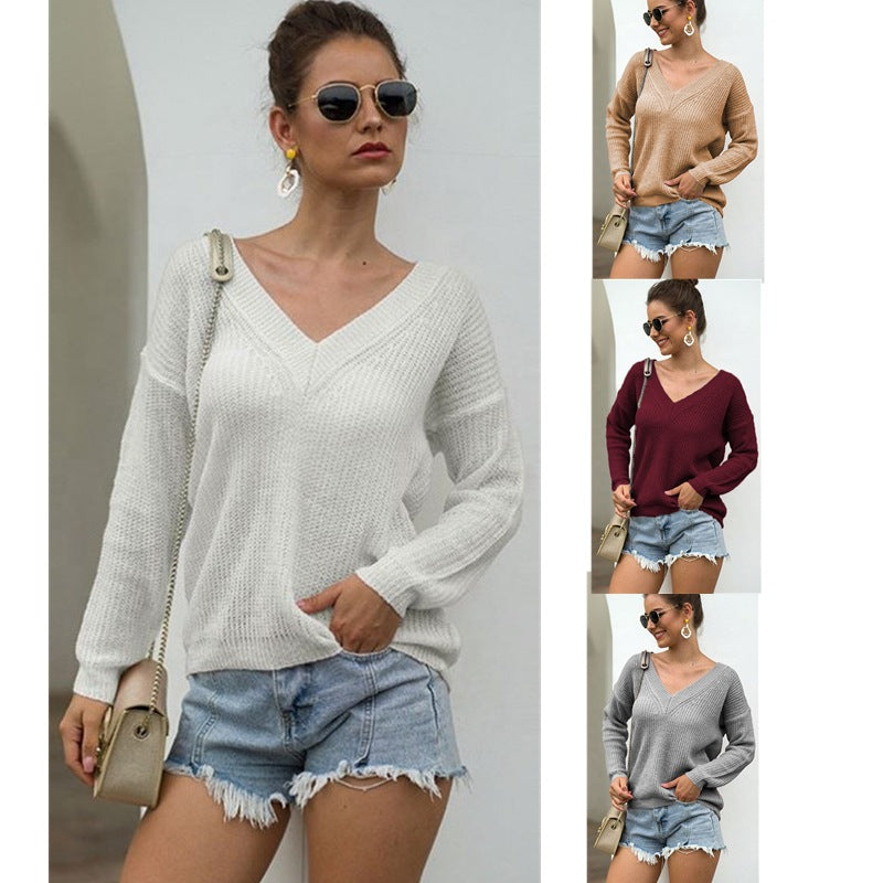 Damen V-Ausschnitt Strickpullover mit luftiger Struktur EB