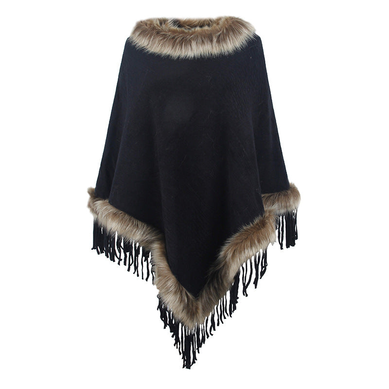Damen eleganter Poncho mit luxuriösem Kunstfellkragen und dekadenten Fransen EB