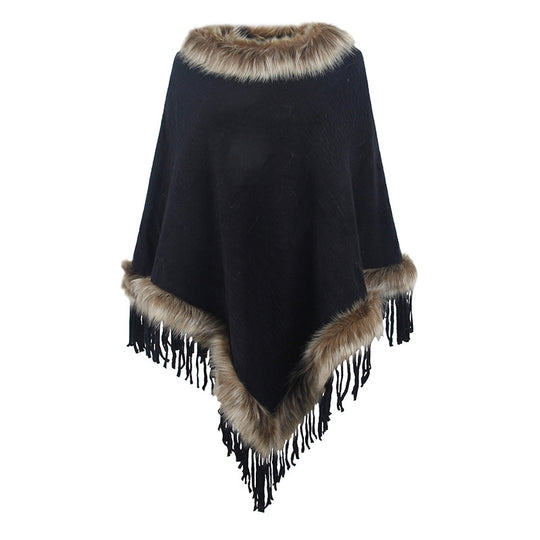 Damen eleganter Poncho mit luxuriösem Kunstfellkragen und dekadenten Fransen EB