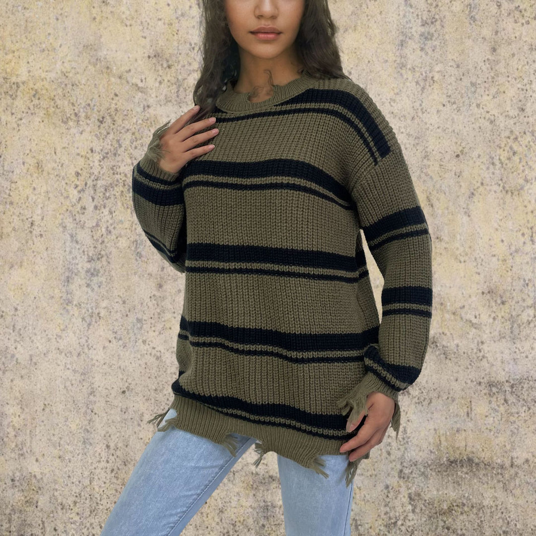 Damen Grobstrickpullover mit modischem Streifenmuster und lässigem Schnitt EB