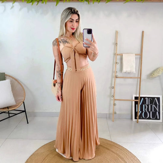 Damen Plissierte weite Hose mit Bindegürtel EB