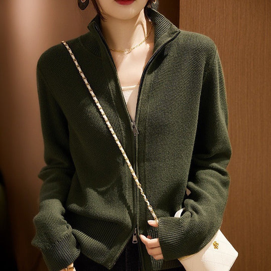 Damen Strickjacke mit hohem Kragen und durchgehendem Reißverschluss EB