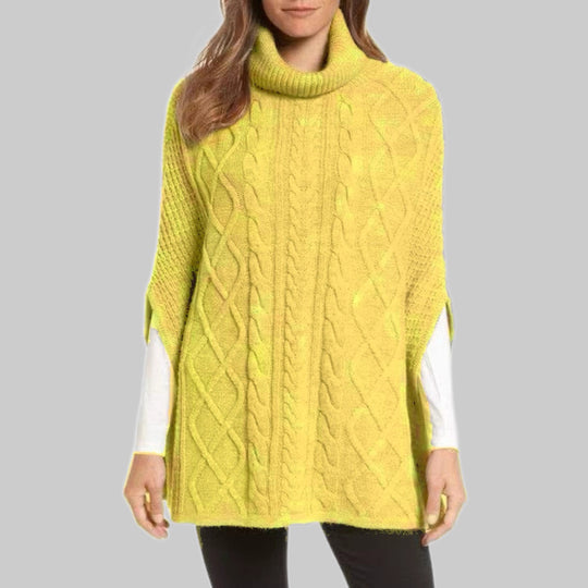 Damen Strickponcho mit hohem Kragen und klassischen Zopfmuster EB
