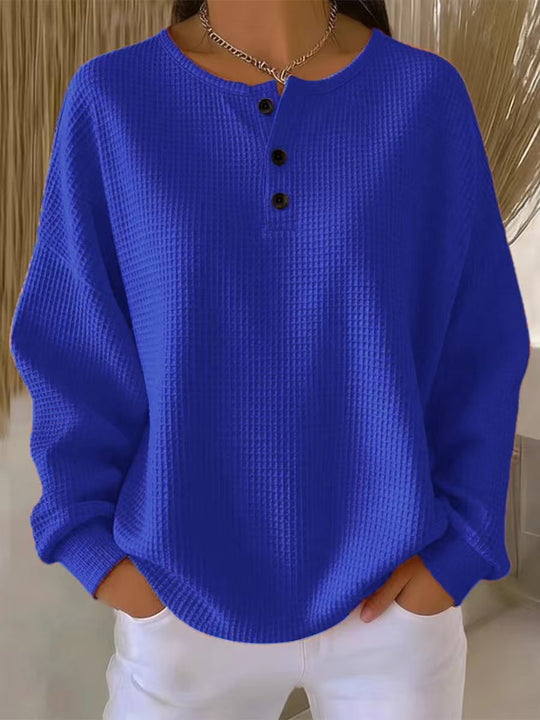 Damen nan Oversized Waffelstrick Henley-Pullover mit Knopfleiste und abgerundetem Saum EB