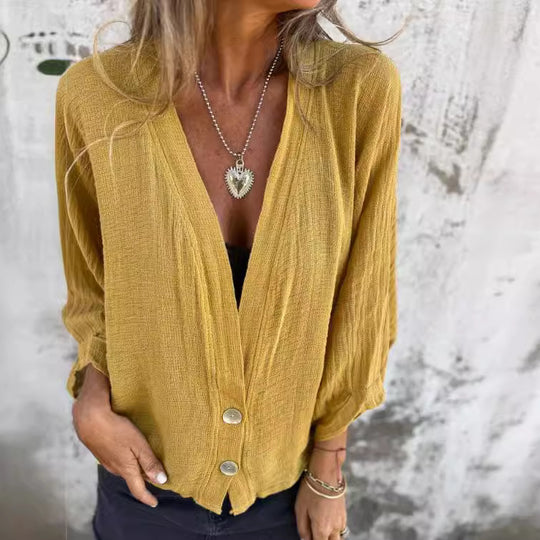 Damen luftige Bluse mit tiefem V-Ausschnitt und Knopfdetails EB