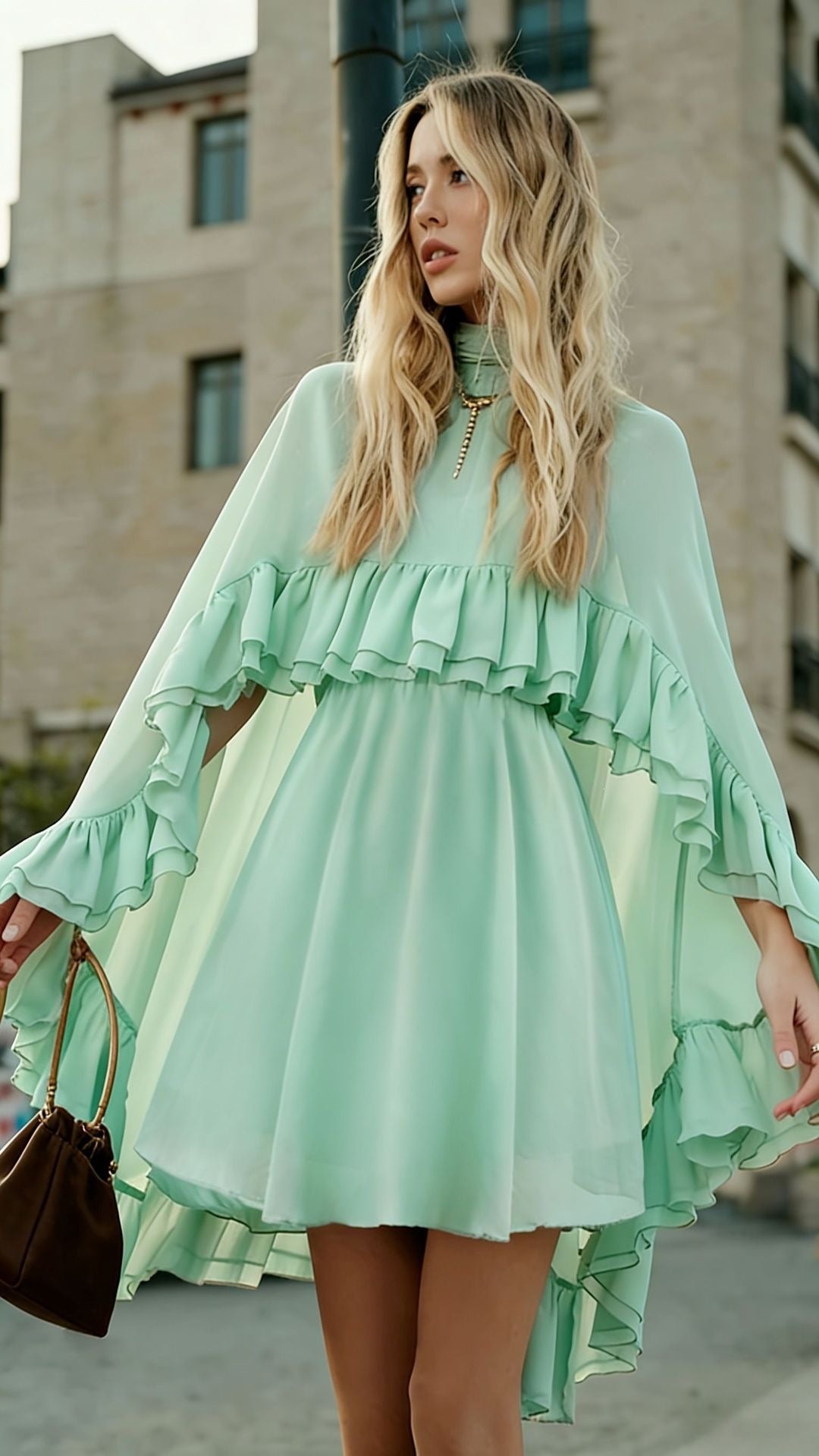 Damen Elegantes Rüschendress mit hochgeschlossenem Ausschnitt und fließendem Schnitt EB