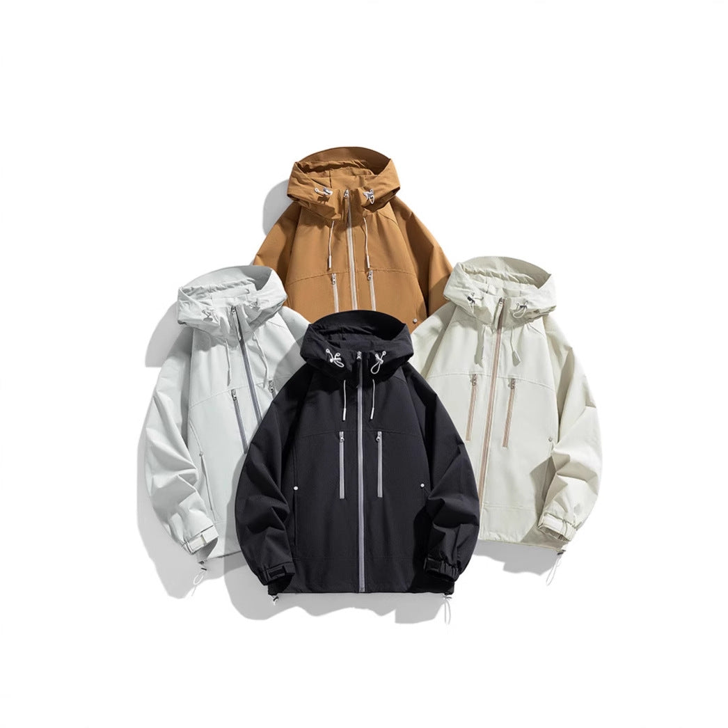 Unisex leichte wasserabweisende Kapuzenjacke mit zwei vertikalen Brustreißverschlusstaschen und verstellbarem Saum EB