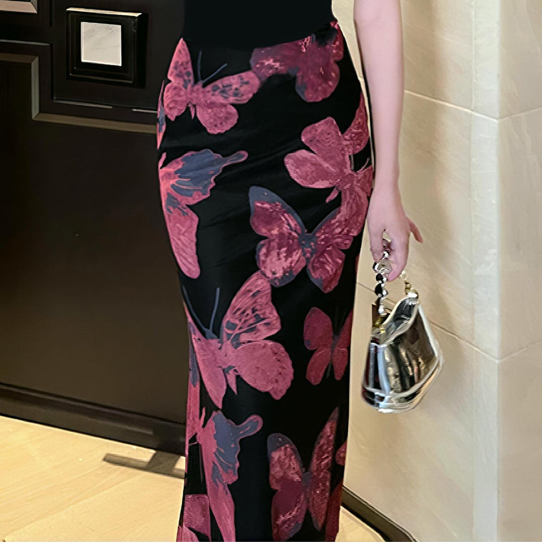 Damen elegantes Maxikleid mit floralem Schmetterlingsmuster und fließendem Stoff EB