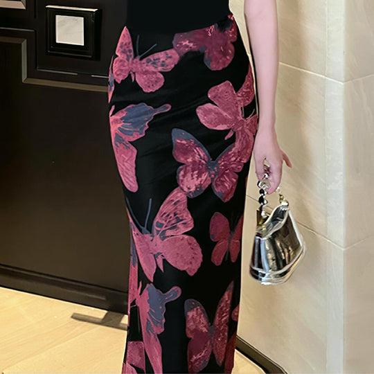 Damen elegantes Maxikleid mit floralem Schmetterlingsmuster und fließendem Stoff EB