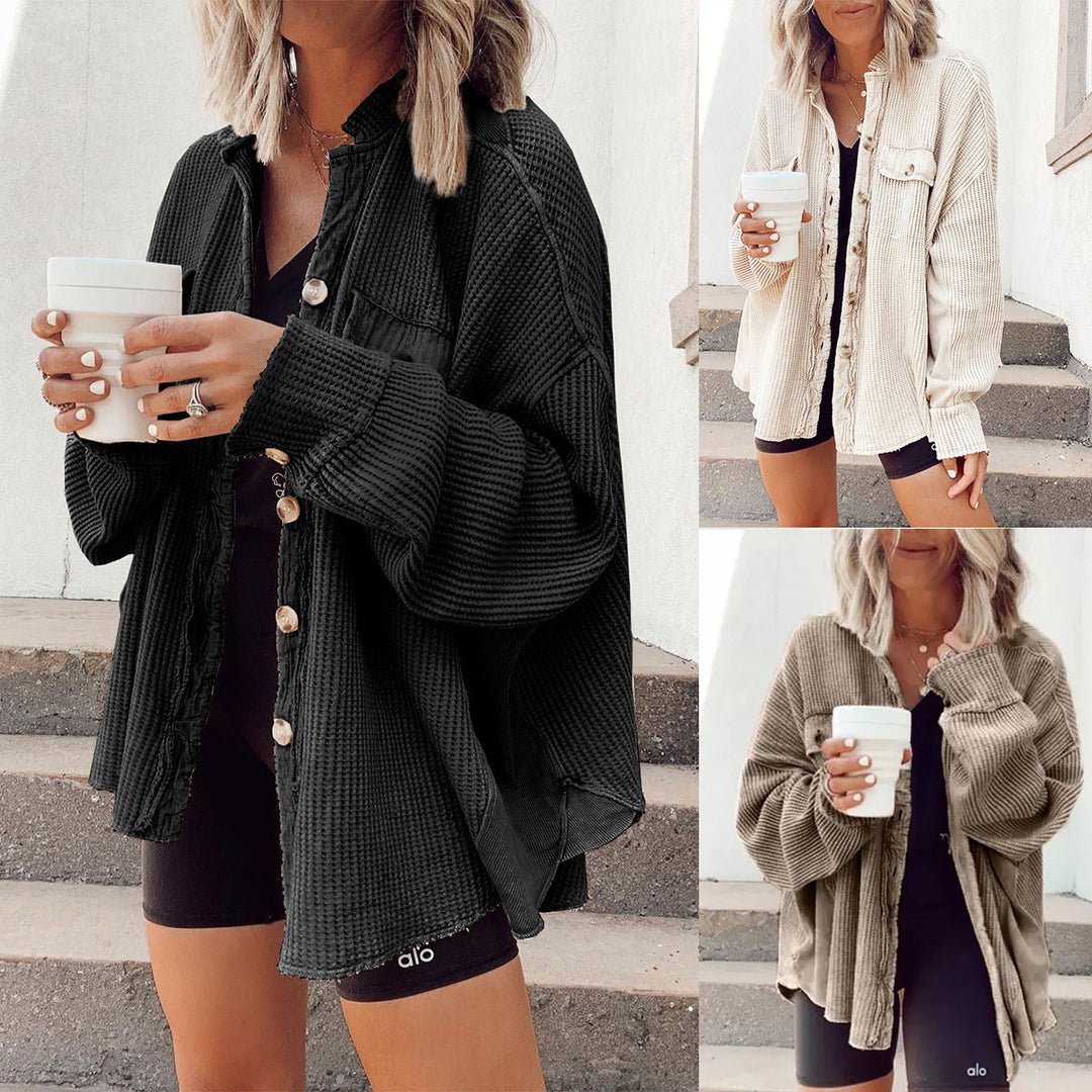 Damen Oversized Waffle-Shirtjacke mit Knopfleiste und praktischen Taschen EB