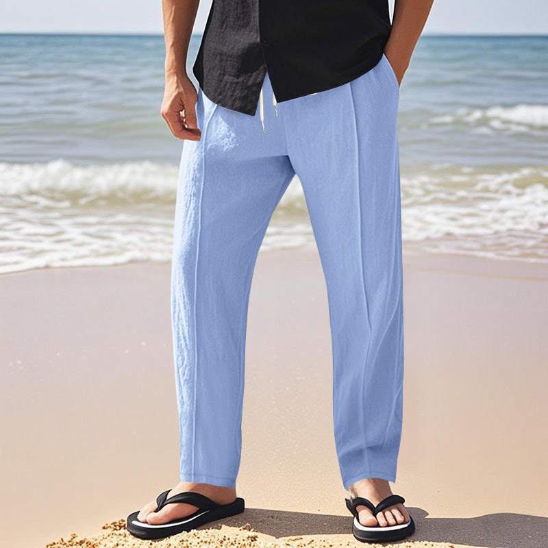 Herren nan relaxed-fit Sommer-Leinenhose mit Bügelfalte elastischem Tunnelzug und Seitentaschen EB
