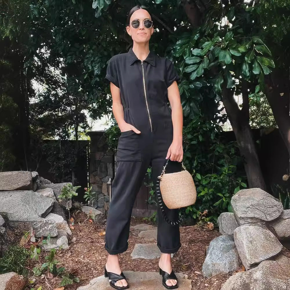 Damen legerer Jumpsuit mit praktischen Taschen und Reißverschluss EB