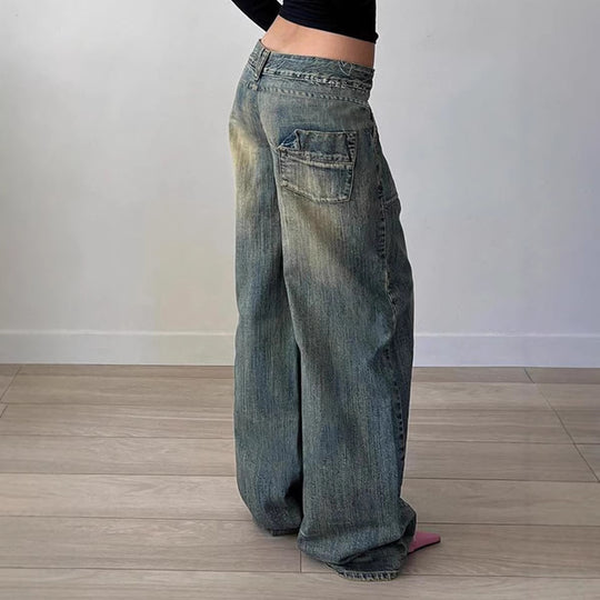 Damen nan weite Low-Rise Baggy-Jeans mit markanten V‑Nahtpaneelen und aufgesetzten Fronttaschen EB