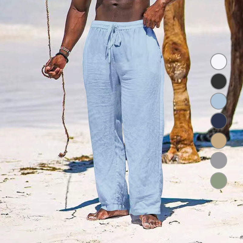 Herren lässige Strandhose aus leichtem Leinenstoff mit elastischem Bund und Kordelzug EB