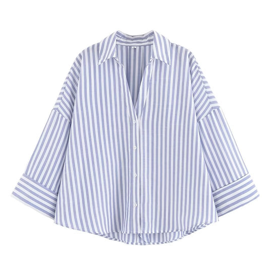 Damen nan lockere oversized Hemdbluse mit weitem Kragen und Dreiviertelärmeln EB