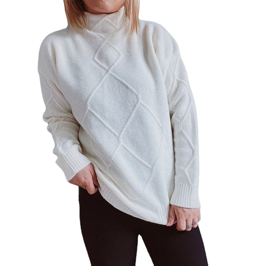 Damen Grobstrickpullover mit elegantem Rautenmuster und hohem Kragen EB