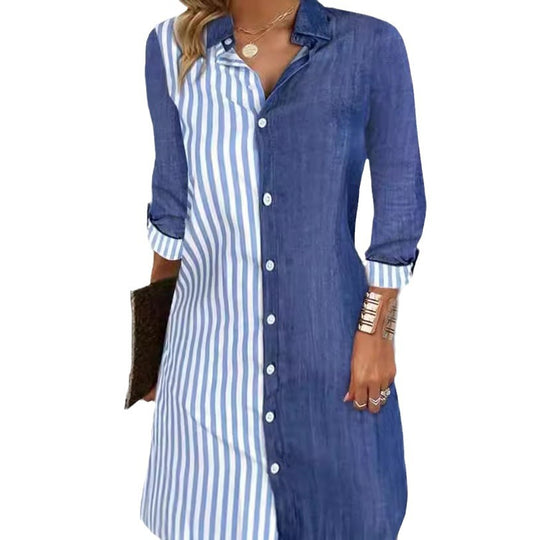 Damen Hemdblusenkleid mit farblich geteiltem Design und langen Ärmeln EB