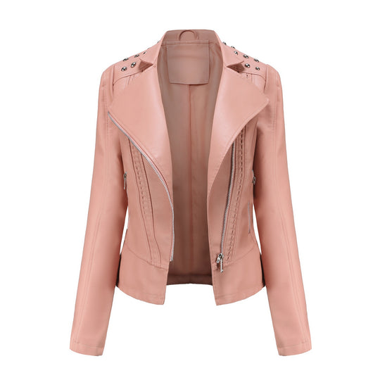 Damen nan taillierte Bikerjacke aus Kunstleder mit Nieten und asymmetrischem Reißverschluss EB