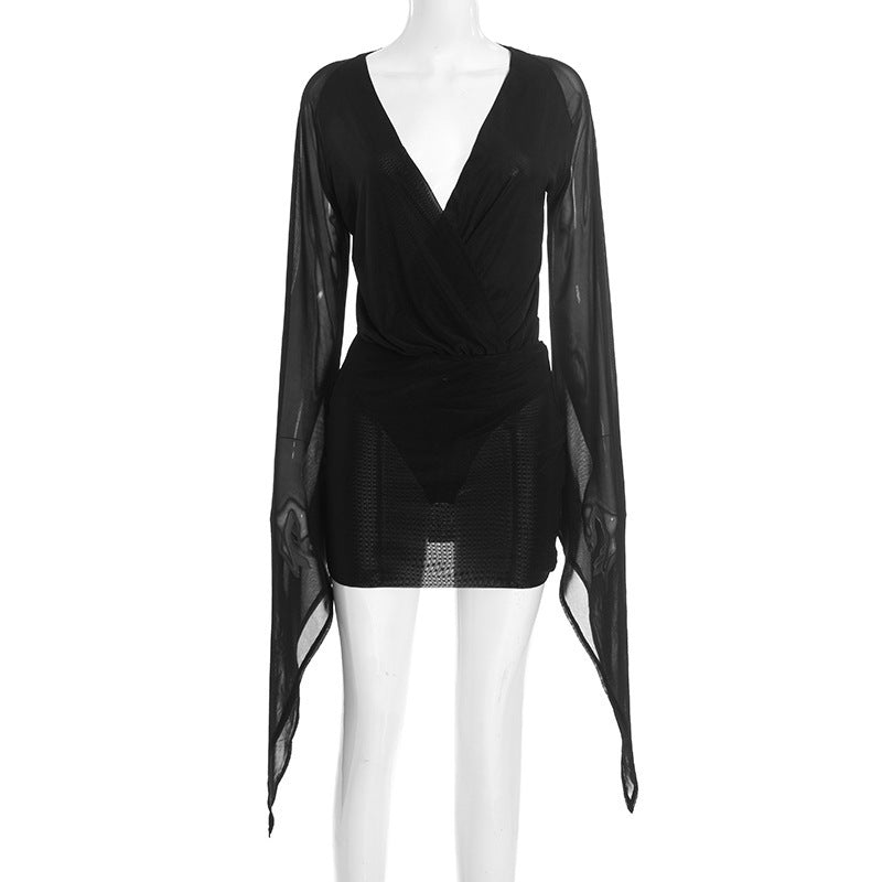 Damen Wickelkleid mit transparenten Ärmeln EB