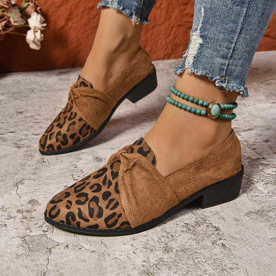 Damen Mokassin-Pantoletten mit modischem Leoparden-Print und dekorativem Schleifen-Detail EB