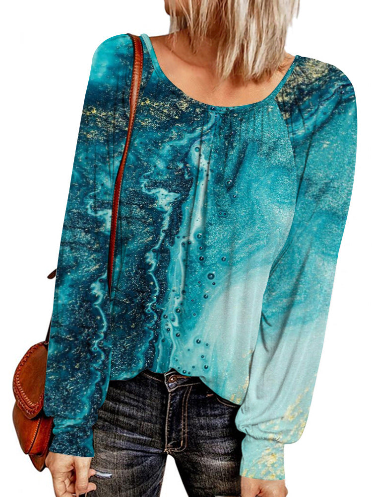 Damen Ethno-Print Oversize-Tunika mit Rundhalsausschnitt und langen Ballonärmeln EB