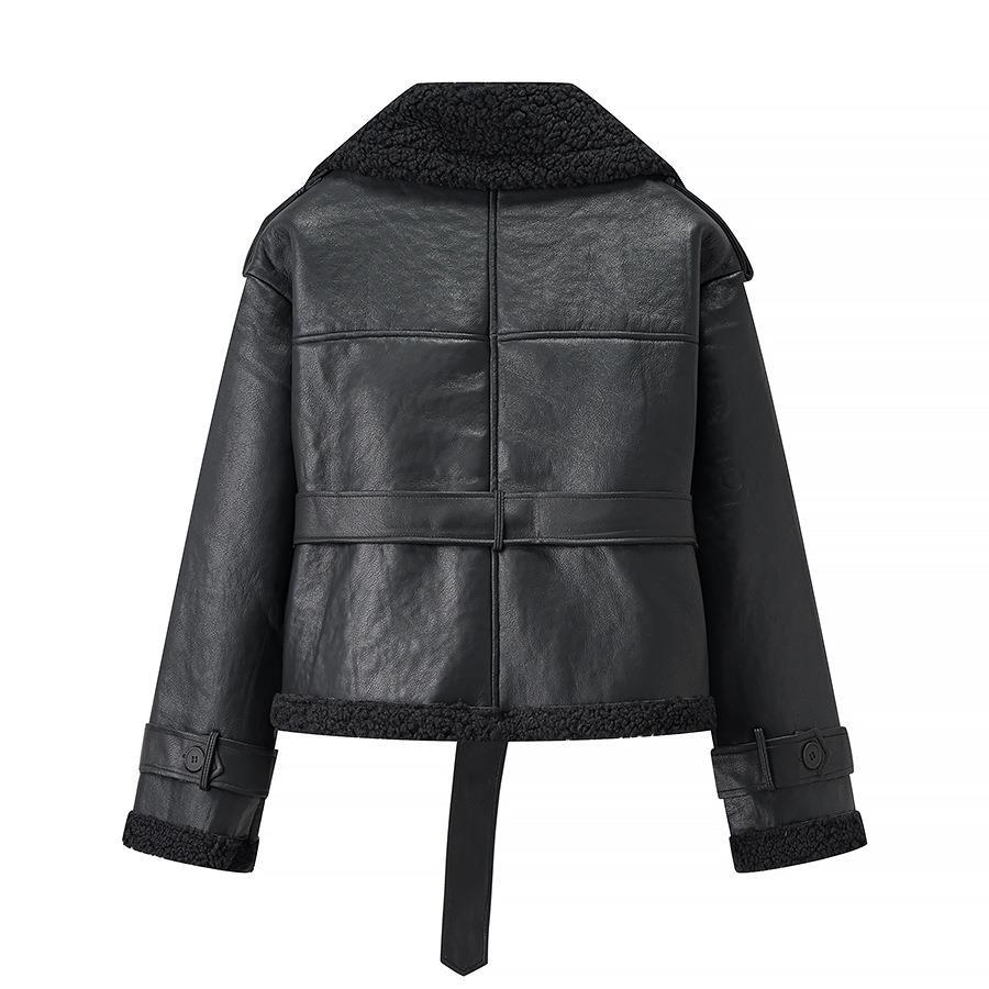 Damen Kunstlederjacke mit Teddy-Futter und taillierbarem Gürtel EB