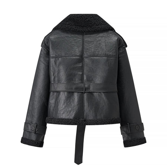 Damen Kunstlederjacke mit Teddy-Futter und taillierbarem Gürtel EB