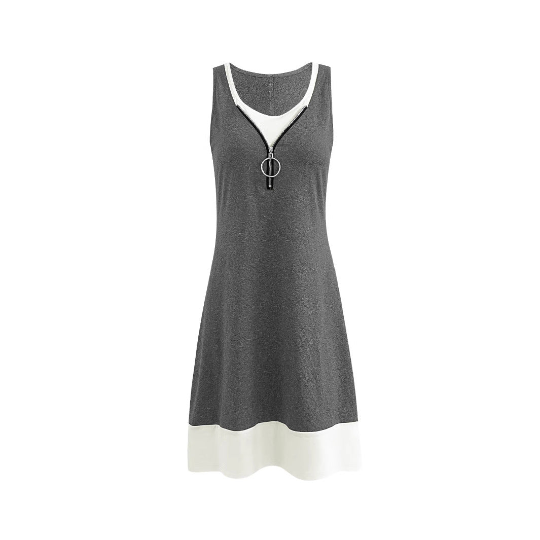 Damen ärmelloses Sommerkleid mit modischem Reißverschluss und Kontrastdetails EB