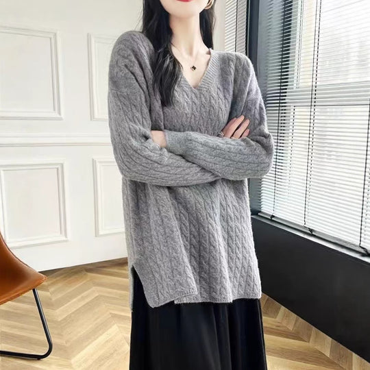 Damen Grobstrickpullover mit V-Ausschnitt und lässigem Schnitt EB