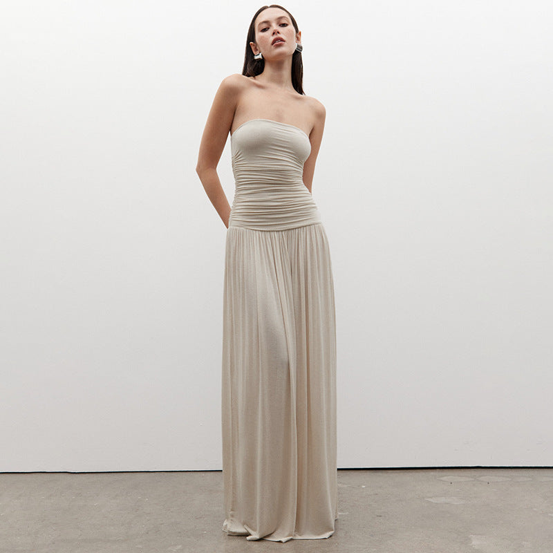 Damen Maxikleid mit elastischem Oberteil und fließendem Rock EB