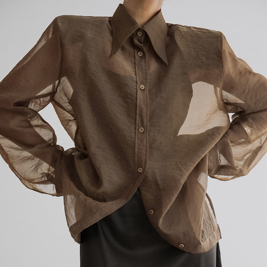 Damen Übergröße Hemdbluse mit asymmetrischem Design und transparenten Ärmeln EB