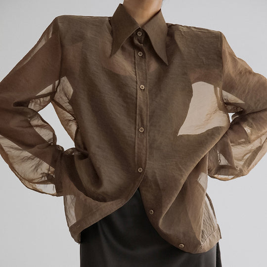 Damen Übergröße Hemdbluse mit asymmetrischem Design und transparenten Ärmeln EB