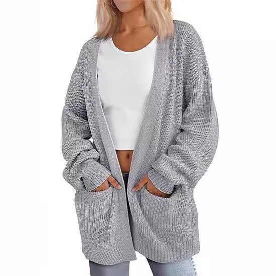 Damen Grobstrick Cardigan mit offenem Schnitt und praktischen Taschen EB