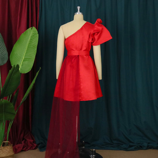 Damen asymmetrisches Cocktailkleid mit Volant und Taillenschnürung EB