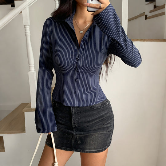 Damen nan taillierte Nadelstreifen-Bluse mit Hemdkragen und figurformender Knopfleiste EB