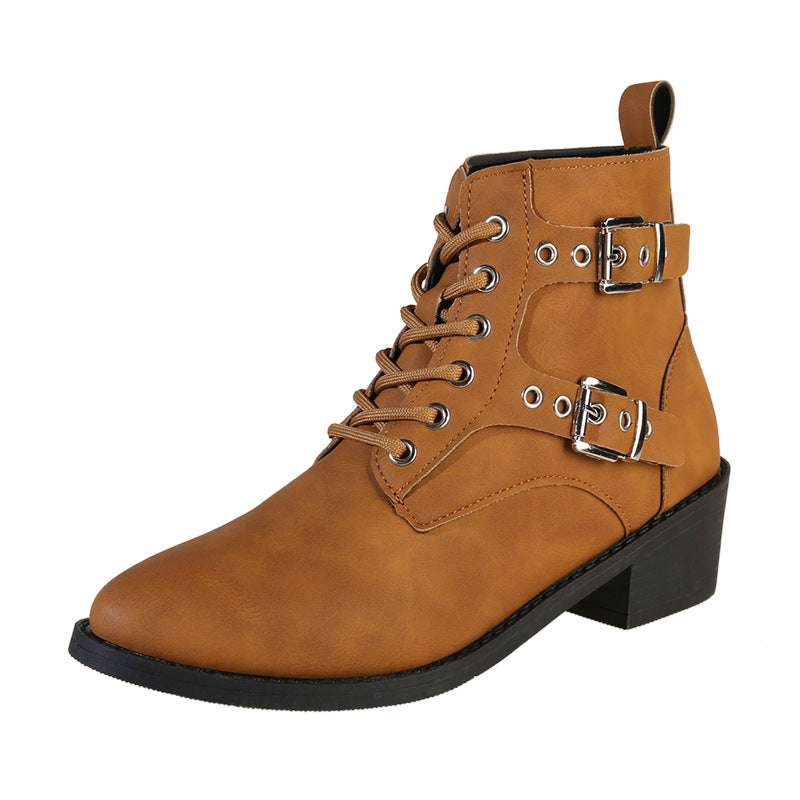 Damen modische Schnürstiefeletten mit praktischen Schnallen und robustem Absatz EB