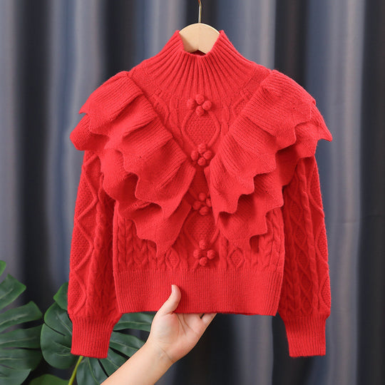 Damen Strickpullover mit Rüschen und Zopfmuster EB