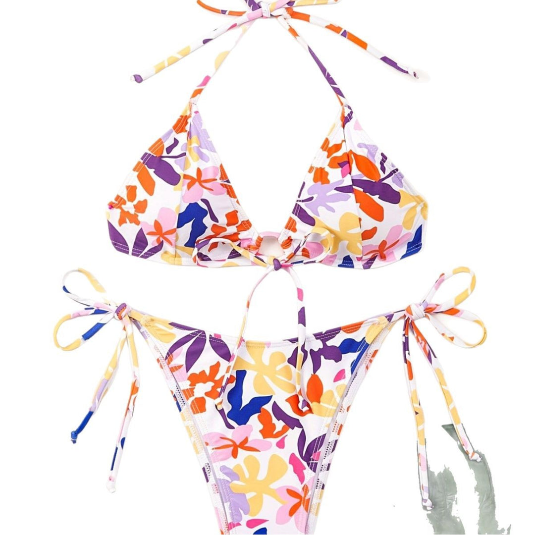 Damen Triangel-Bikini mit verstellbaren Schnüren und fröhlichem Blumenmuster EB