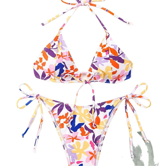 Damen Triangel-Bikini mit verstellbaren Schnüren und fröhlichem Blumenmuster EB