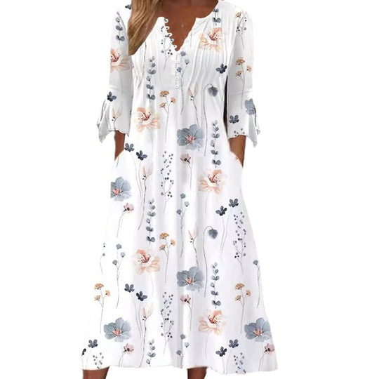 Damen Langärmliges Gartenkleid mit zarten Blumenmuster und Knopfleiste Heidi-Mode