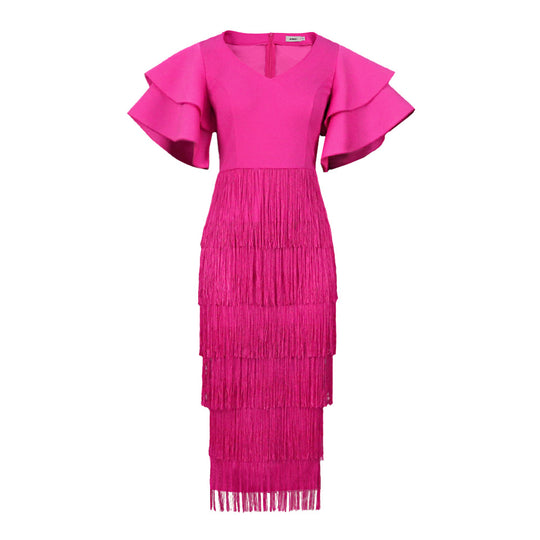 Damen Cocktailkleid mit voluminösen Rüschenärmeln und Fransen-Saum EB