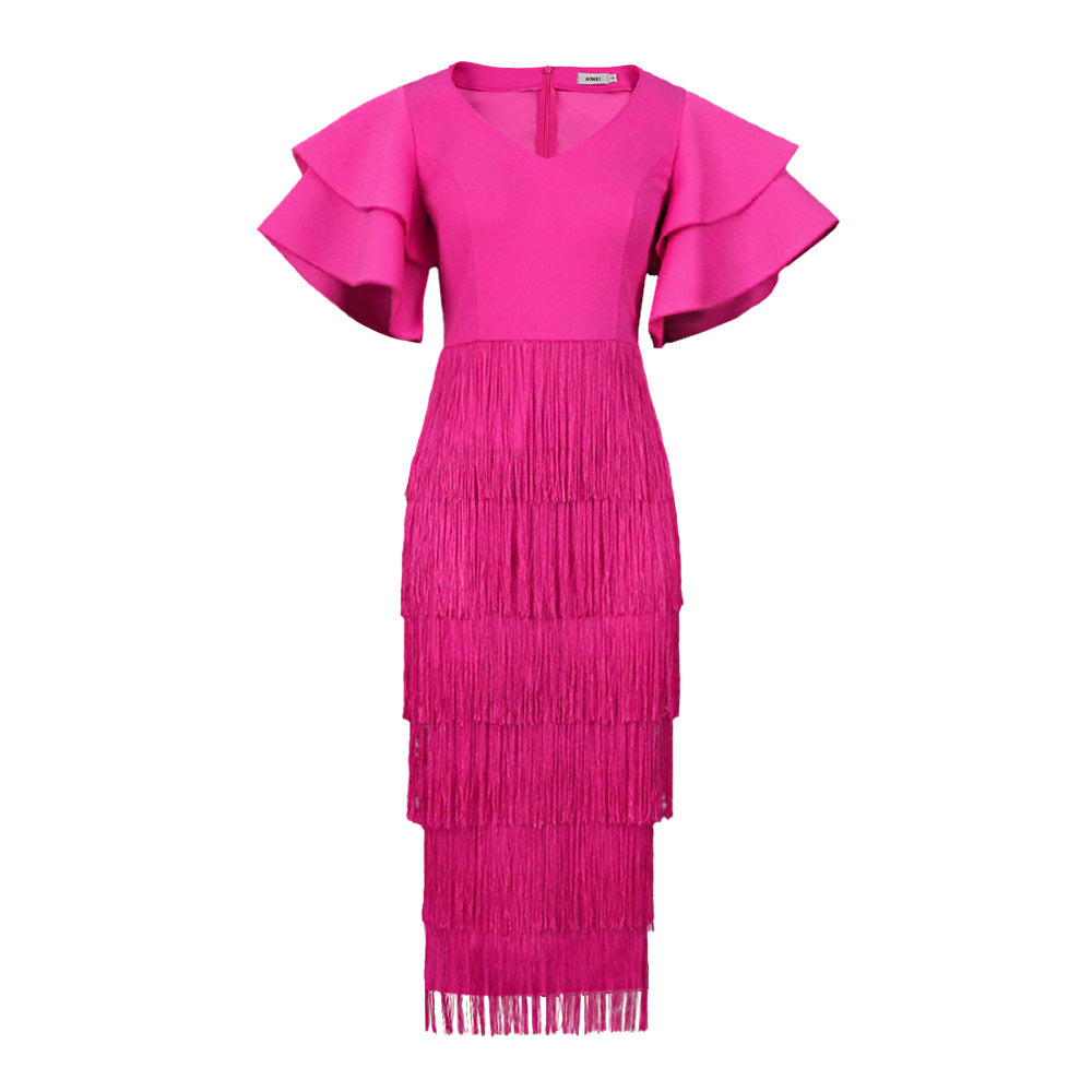 Damen Fransen Maxikleid mit voluminösen Rüschensäumen EB