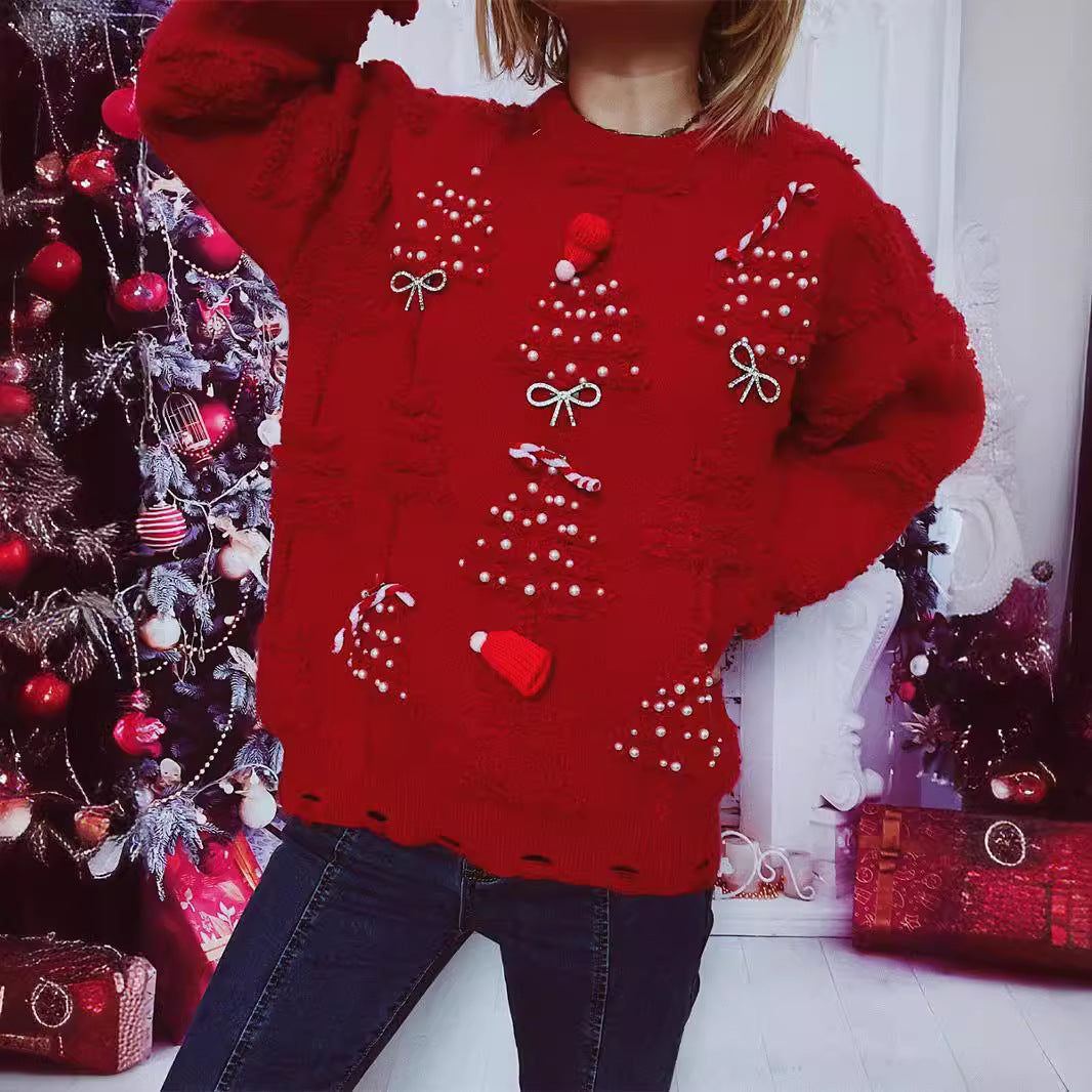 Damen Weihnachts-Pullover mit festlichem Motiv und 3D-Applikationen EB