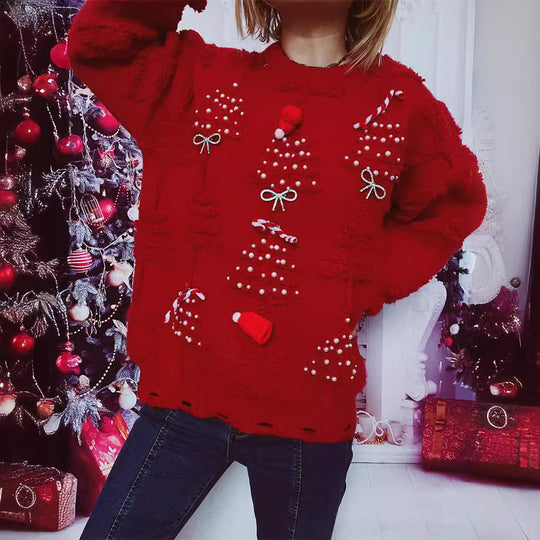 Damen Weihnachts-Pullover mit festlichem Motiv und 3D-Applikationen EB