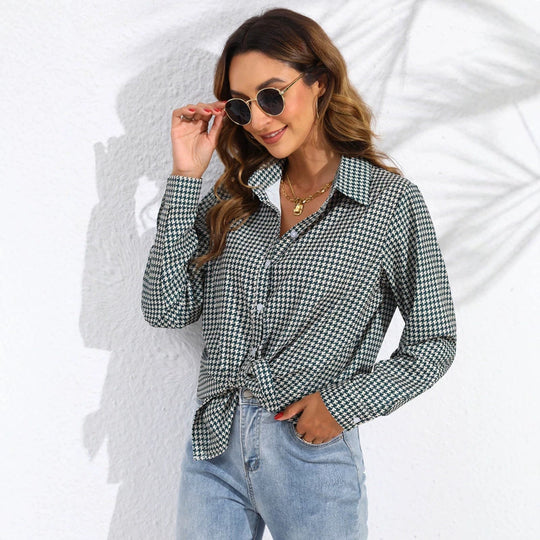 Damen nan geknotete Hahnentritt-Bluse mit Hemdkragen und durchgehender Knopfleiste EB