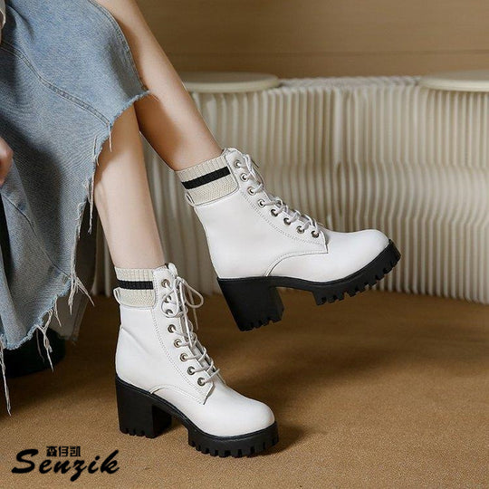 Damen Schnürstiefel mit robustem Blockabsatz und elastischem Strickkragen EB