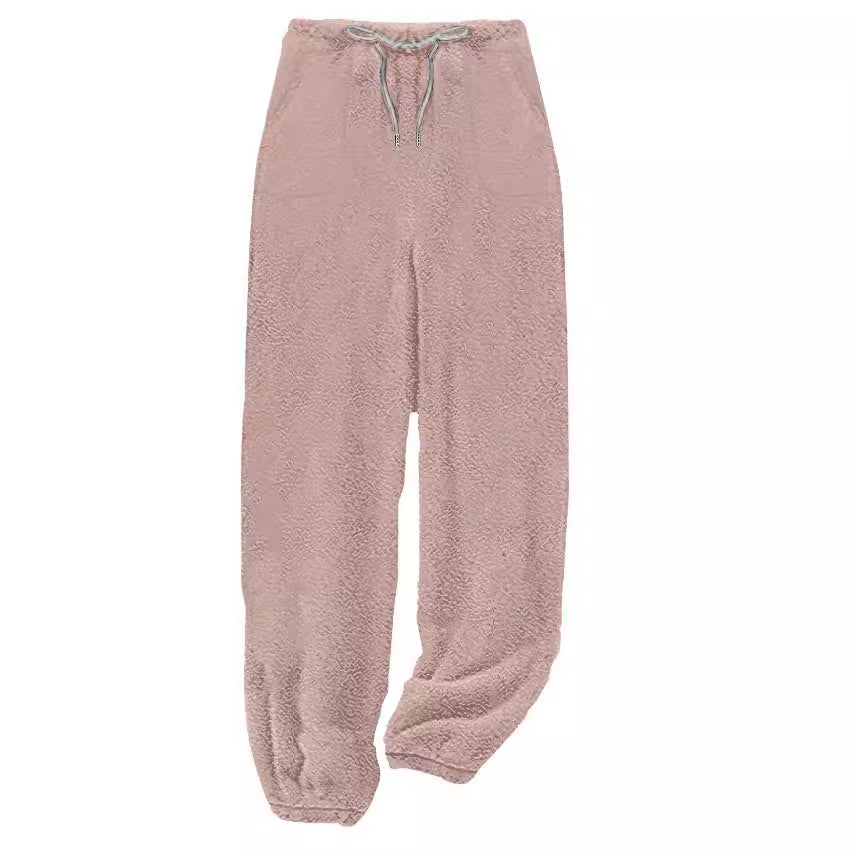 Damen nan kuschelige Sherpa-Fleece Loungehose mit Kordelzug, hoher Taille und elastischen Bündchen EB